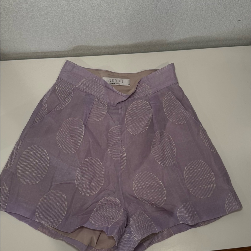 Hunter Bell Silk Mini Lilac Patterned High Waist Shorts